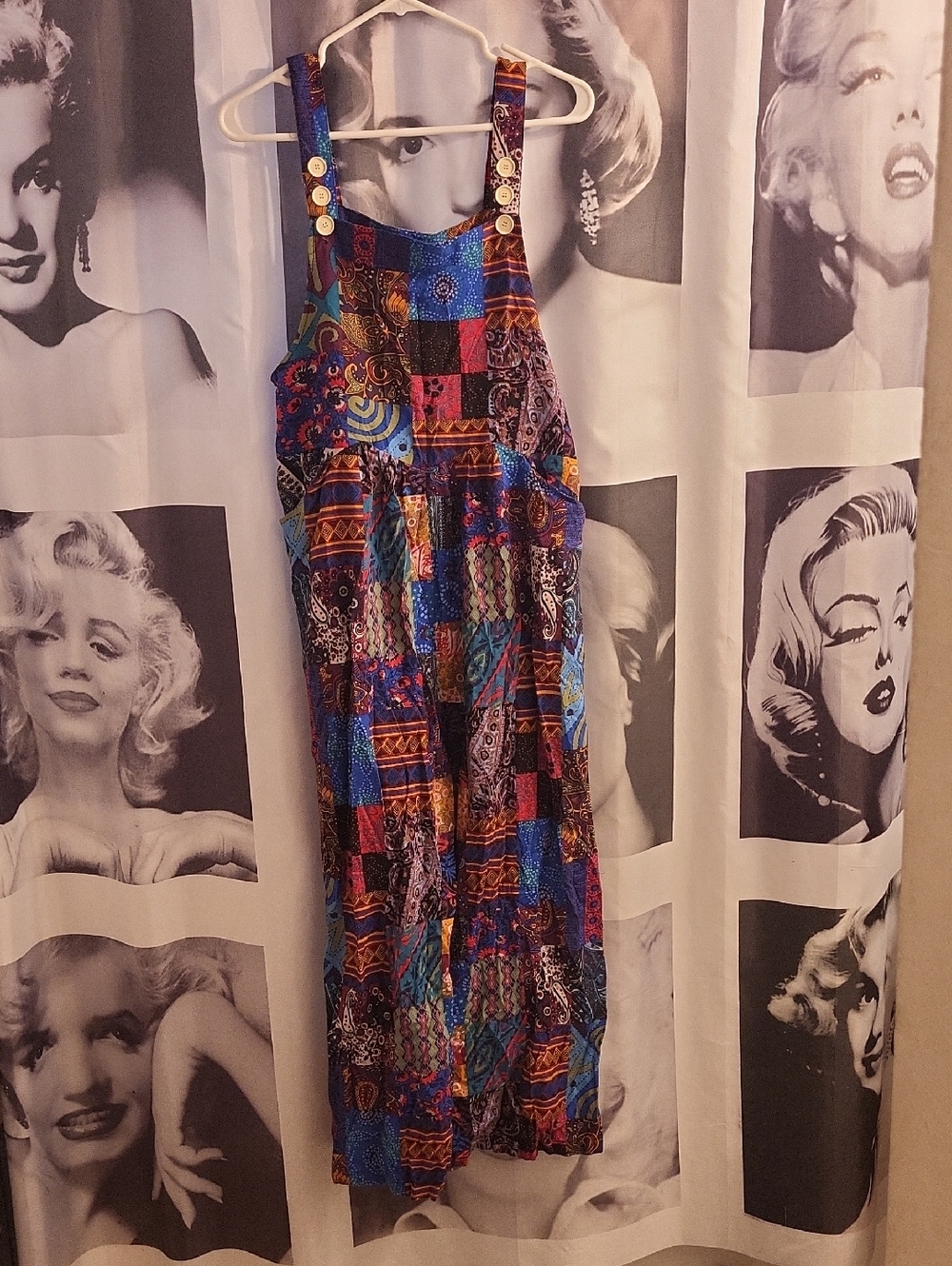 Boho Patchwork Multicolor Button-Shoulder Jumpsuit